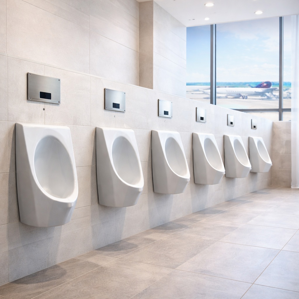 Concealed sensor urinal flush system in a modern high-traffic restroom wall line